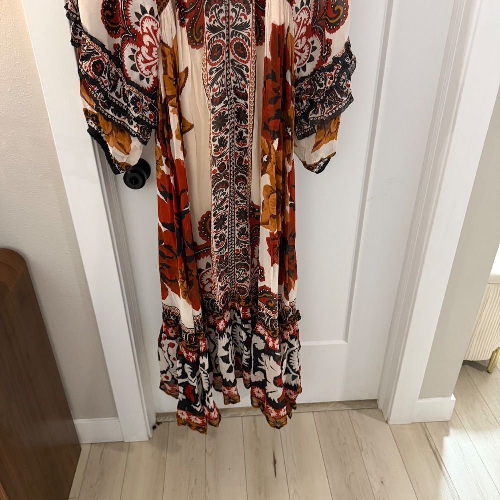 Farm Rio Sand Winter Tapestry V Neck Maxi Dress L Floral Ruffle Boho Fall - Picture 10 of 10